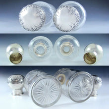 Load image into Gallery viewer, Pair Antique 19c French Sterling Silver Repousse Baccarat Engraved Crystal Perfume / Cologne Bottles