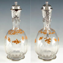 Load image into Gallery viewer, Antique French Sterling Silver Cut Crystal Glass Carafe, Raised Enamel Flowers