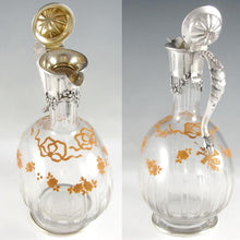 Load image into Gallery viewer, Antique French Sterling Silver Cut Crystal Glass Carafe, Raised Enamel Flowers