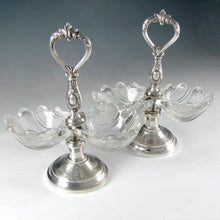 Load image into Gallery viewer, Pair Antique French Sterling Silver & Glass Double Open Salt Caddy, Scalloped Shells