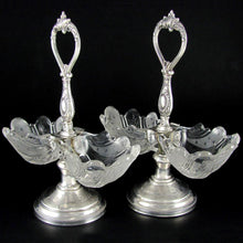 Load image into Gallery viewer, Pair Antique French Sterling Silver & Glass Double Open Salt Caddy, Scalloped Shells