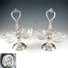 Load image into Gallery viewer, Pair Antique French Sterling Silver & Glass Double Open Salt Caddy, Scalloped Shells