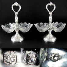 Load image into Gallery viewer, Pair Antique French Sterling Silver & Glass Double Open Salt Caddy, Scalloped Shells