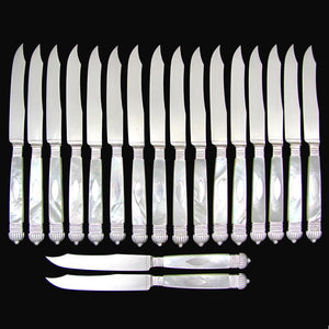 Set of 18 Antique French Sterling Silver Table Knives, Mother of Pearl Handles, Dinner or Dessert Knife Set
