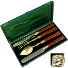 Load image into Gallery viewer, Antique French Sterling Silver Flatware Set Gilt Vermeil Jasper Stone Handles