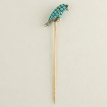 Load image into Gallery viewer, Victorian French 18K Rose Gold Turquoise Bird, Parrot, Silver Stick Pin Brooch, Garnet Eyes