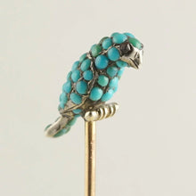Load image into Gallery viewer, Victorian French 18K Rose Gold Turquoise Bird, Parrot, Silver Stick Pin Brooch, Garnet Eyes