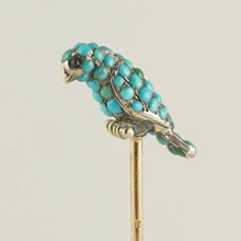 Load image into Gallery viewer, Victorian French 18K Rose Gold Turquoise Bird, Parrot, Silver Stick Pin Brooch, Garnet Eyes