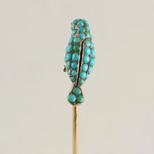 Load image into Gallery viewer, Victorian French 18K Rose Gold Turquoise Bird, Parrot, Silver Stick Pin Brooch, Garnet Eyes
