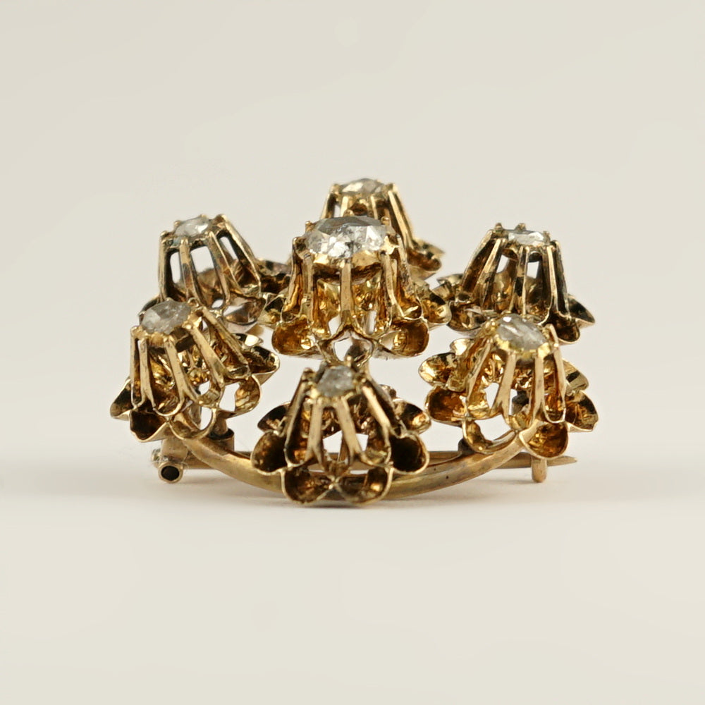 Antique Victorian 14K Gold Rose Cut Diamond Brooch, Buttercup
