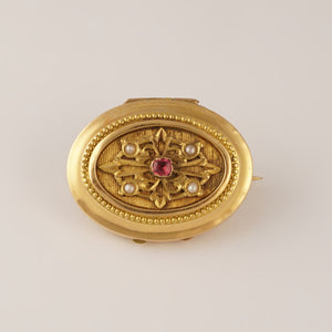 Antique French 18K Gold Locket Brooch Pin Ruby & Pearls