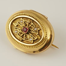 Load image into Gallery viewer, Antique Victorian French 18K Gold Locket Brooch Ruby & Pearls
