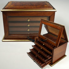Load image into Gallery viewer, Antique French Burl Wood & Brass Inlaid Cigar Caddy Box, Beveled Glass Door Front, Presenter Cabinet, Chest, Lock & Key