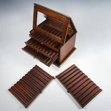 Load image into Gallery viewer, Antique French Burl Wood & Brass Inlaid Cigar Caddy Box, Beveled Glass Door Front, Presenter Cabinet, Chest, Lock & Key