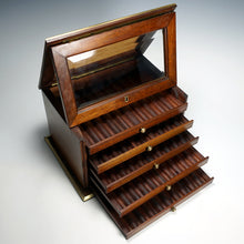 Load image into Gallery viewer, Antique French Burl Wood & Brass Inlaid Cigar Caddy Box, Beveled Glass Door Front, Presenter Cabinet, Chest, Lock & Key