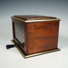 Load image into Gallery viewer, Antique French Burl Wood & Brass Inlaid Cigar Caddy Box, Beveled Glass Door Front, Presenter Cabinet, Chest, Lock & Key