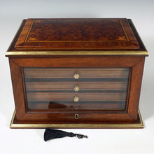 Load image into Gallery viewer, Antique French Burl Wood & Brass Inlaid Cigar Caddy Box, Beveled Glass Door Front, Presenter Cabinet, Chest, Lock & Key