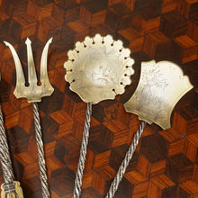 Load image into Gallery viewer, Antique French Sterling Silver Set Dessert Hors d'Oeuvre Servers Aesthetic Movement Gilt Vermeil Engraved Insects
