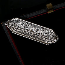 Load image into Gallery viewer, Art Deco Platinum &amp; 14k White Gold Diamond Filigree Brooch Pin
