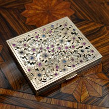 Load image into Gallery viewer, Art Deco French 18K Gold & Silver Jeweled Compact Mirror, Ruby & Sapphire Cabochons