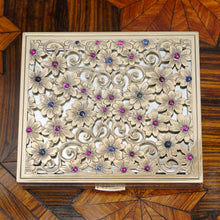 Load image into Gallery viewer, Art Deco French 18K Gold & Silver Jeweled Compact Mirror, Ruby & Sapphire Cabochons