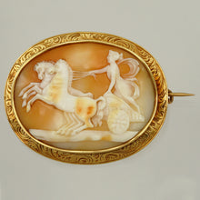 Load image into Gallery viewer, Antique French 18K Yellow Gold Hand Carved Shell Cameo Brooch, Eagle Hallmark, Goddess Dawn & Horses