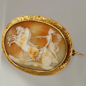 Antique French 18K Yellow Gold Hand Carved Shell Cameo Brooch, Eagle Hallmark, Goddess Dawn & Horses