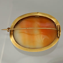Load image into Gallery viewer, Antique French 18K Yellow Gold Hand Carved Shell Cameo Brooch, Eagle Hallmark, Goddess Dawn & Horses