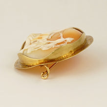 Load image into Gallery viewer, Antique French 18K Yellow Gold Hand Carved Shell Cameo Brooch, Eagle Hallmark, Goddess Dawn & Horses