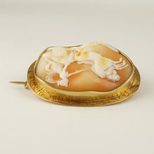 Load image into Gallery viewer, Antique French 18K Yellow Gold Hand Carved Shell Cameo Brooch, Eagle Hallmark, Goddess Dawn & Horses