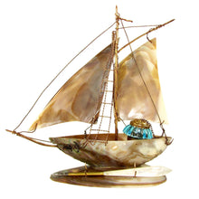 Load image into Gallery viewer, Antique French mother of pearl inkwell, Grand Tour souvenir, figural sail boat desk accessory