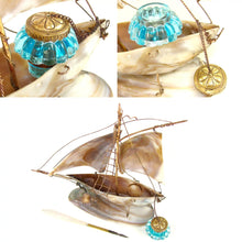 Load image into Gallery viewer, Antique French mother of pearl inkstand, electric blue glass inkwell, in the form of a sail boat
