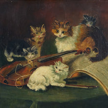 Load image into Gallery viewer, Signed French Oil on Canvas Portrait, Playful Kittens / Cat Genre Painting