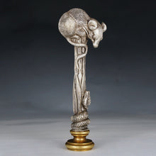 Load image into Gallery viewer, Antique French Silvered Bronze Figural Wax Seal, Desk Stamp, Animialier Study of a Mouse & Snake
