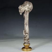 Load image into Gallery viewer, Antique French Silvered Bronze Figural Wax Seal, Desk Stamp, Animialier Study of a Mouse & Snake