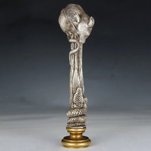 Load image into Gallery viewer, Antique French Silvered Bronze Figural Wax Seal, Desk Stamp, Animialier Study of a Mouse & Snake