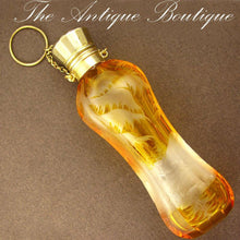 Load image into Gallery viewer, Antique Bohemian Cut to Clear Amber Overly Scent / Perfume Bottle Chatelaine, Dog & Bird Theme