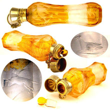 Load image into Gallery viewer, Antique Bohemian Cut to Clear Amber Overly Scent / Perfume Bottle Chatelaine, Dog & Bird Theme