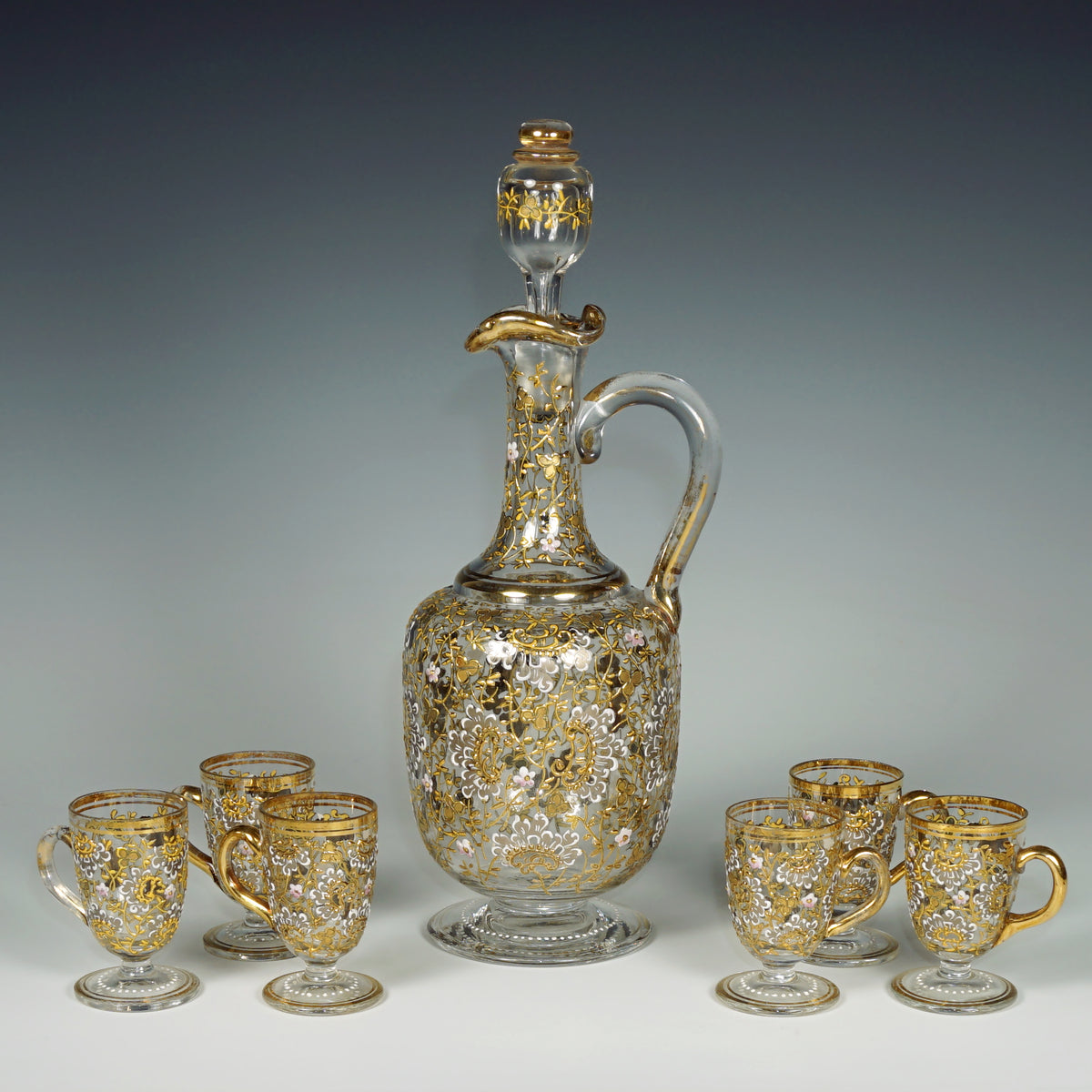 Antique Bohemian Moser Raised Gold Enamel Glass Liquor Service