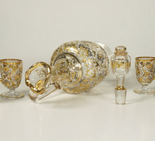 Load image into Gallery viewer, Antique Bohemian Moser Raised Gold Enamel Glass Liquor Service Decanter Cordials