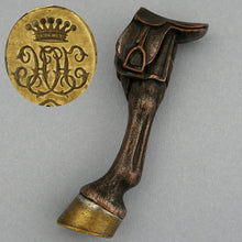 Load image into Gallery viewer, Antique Wax Seal Crown Monogram Figural Horse Leg, Saddle & Hoof, Equestrian Desk Stamp