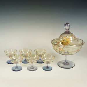 Antique French Baccarat Eugene Rousseau Enamel Glass Clair de Lune Fruit Dessert Compote Serving Set
