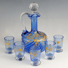 Load image into Gallery viewer, Antique French Blue Glass Liquor Set | Raised Gold Enamel & Swirl Pattern | Decanter & Cordial Aperitif Service