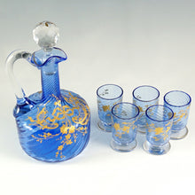 Load image into Gallery viewer, Antique French Blue Glass Liquor Set | Raised Gold Enamel & Swirl Pattern | Decanter & Cordial Aperitif Service