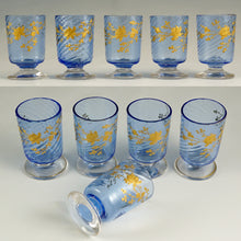 Load image into Gallery viewer, Antique French Blue Glass Liquor Set | Raised Gold Enamel & Swirl Pattern | Decanter & Cordial Aperitif Service