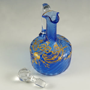 Antique French Blue Glass Liquor Set | Raised Gold Enamel & Swirl Pattern | Decanter & Cordial Aperitif Service