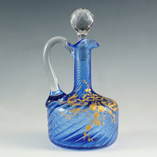 Load image into Gallery viewer, Antique French Blue Glass Liquor Set | Raised Gold Enamel & Swirl Pattern | Decanter & Cordial Aperitif Service