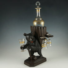 Load image into Gallery viewer, Antique Black Forest Carved Wood Hiking Bear Liquor Tantalus Stand, Wine Decanter & Cordial Glasses Set