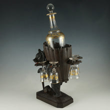 Load image into Gallery viewer, Antique Black Forest Carved Wood Hiking Bear Liquor Tantalus Stand, Wine Decanter & Cordial Glasses Set