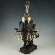Load image into Gallery viewer, Antique Black Forest Carved Wood Hiking Bear Liquor Tantalus Stand, Wine Decanter & Cordial Glasses Set